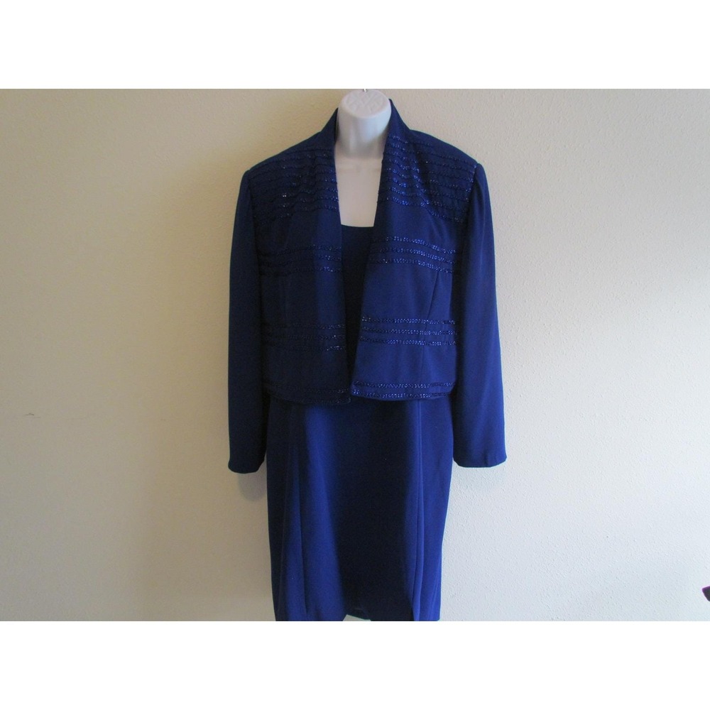 Vintage Rimini Dress Set M Royal Blue Beaded Jacket Sheath‎ Formal Cocktail 2Pc